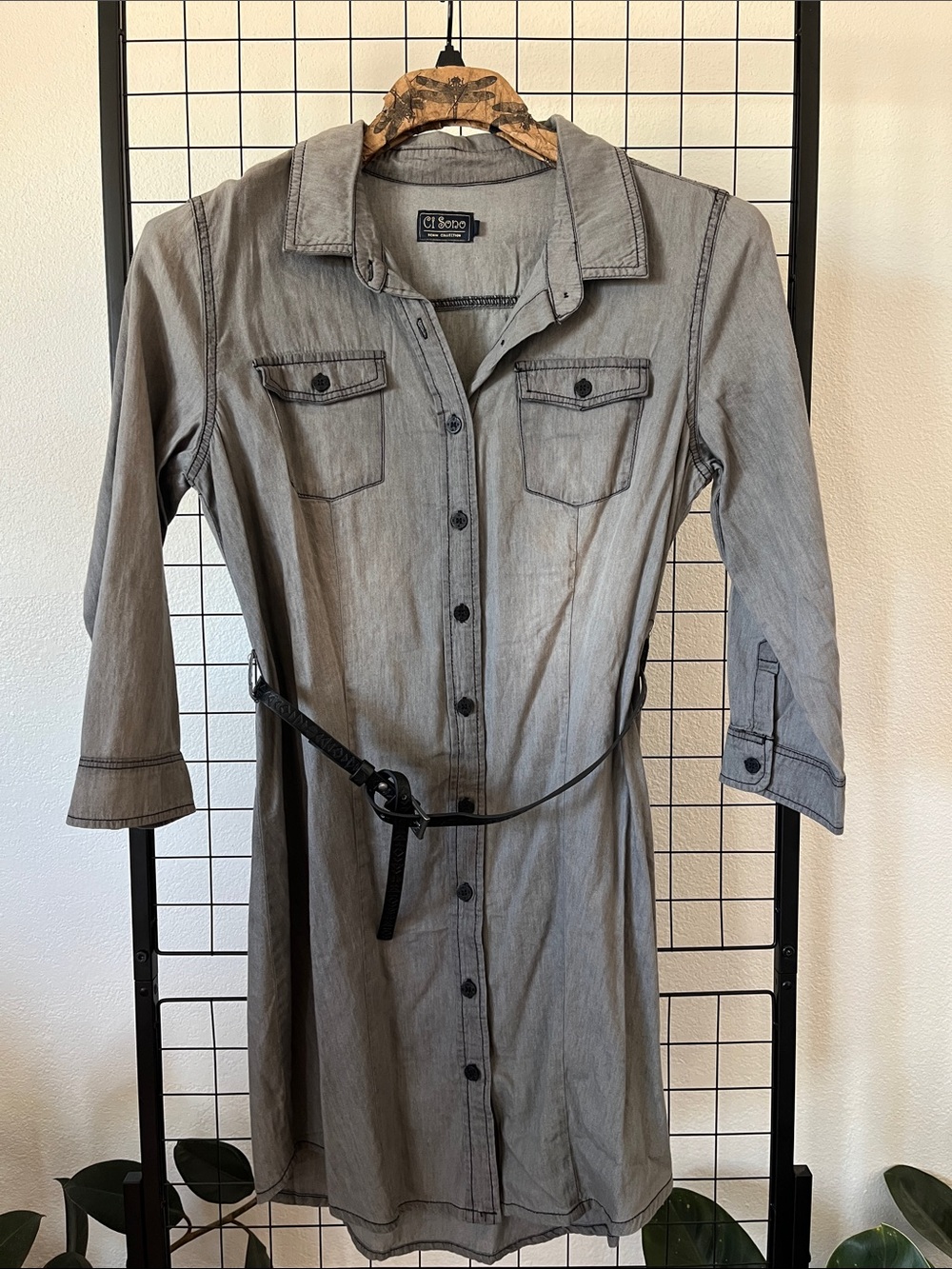 Ci Sono Gray Button-Down Shirt Dress with Black Belt